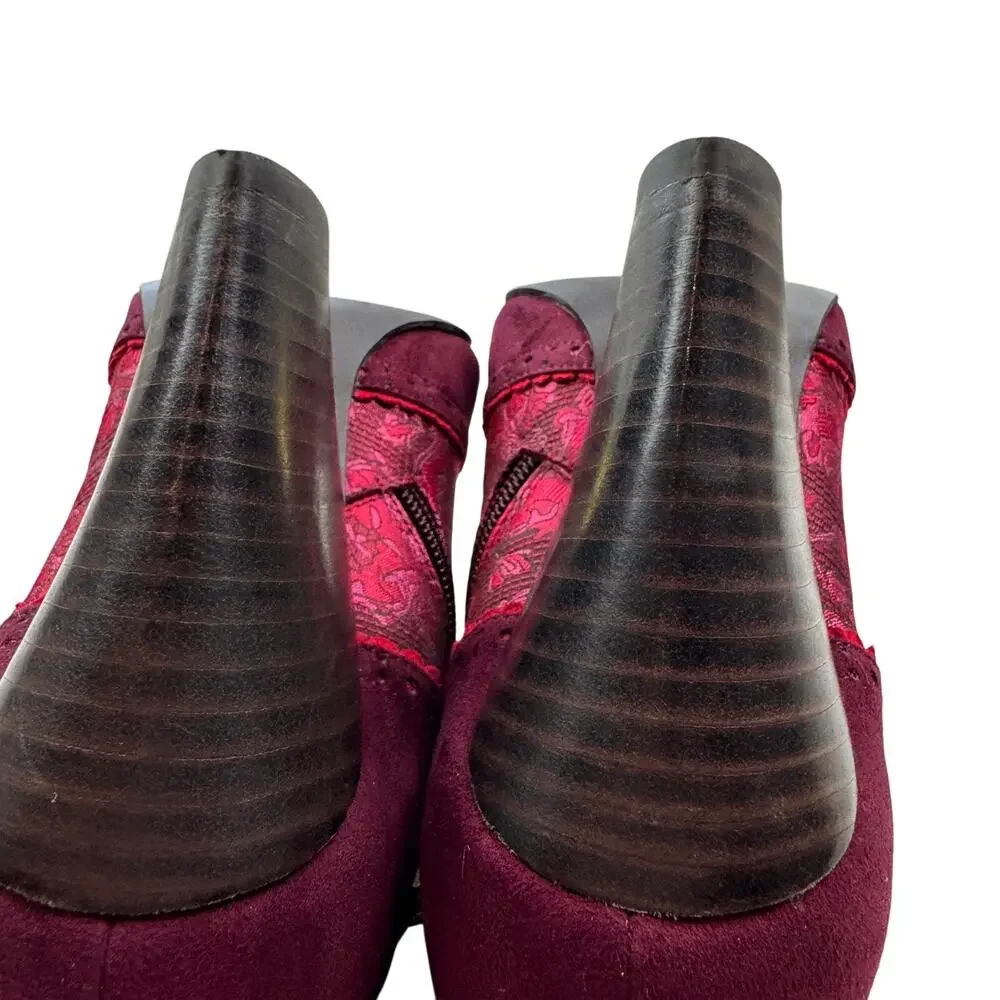Ruby Shoo Wine Faux Suede Steampunk Brocade Nicola Ankle Boots Women's Size 9